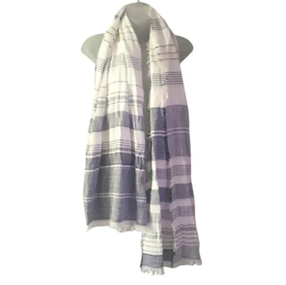 Banana Republic Textured Cotton Linen Striped Scarf White Navy Fringe Edges NWOT - Picture 1 of 15